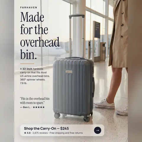 Light airport terminal photo, Farhaven ad: 'Made for the overhead bin.' with a slate gray hardside carry-on beside a person in a trench coat and white sneakers, a quote from Ben L. with five stars, and a 'Shop the Carry-On, $245' button. The 1:1 version.