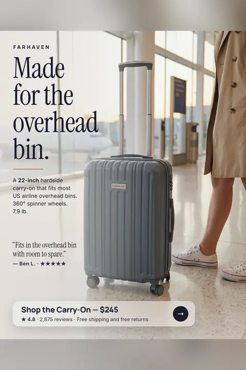 Light airport terminal photo, Farhaven ad: 'Made for the overhead bin.' with a slate gray hardside carry-on beside a person in a trench coat and white sneakers, a quote from Ben L. with five stars, and a 'Shop the Carry-On, $245' button. Shown here in the 2:3 Pinterest size.