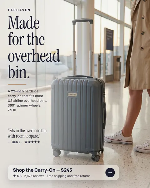 Light airport terminal photo, Farhaven ad: 'Made for the overhead bin.' with a slate gray hardside carry-on beside a person in a trench coat and white sneakers, a quote from Ben L. with five stars, and a 'Shop the Carry-On, $245' button. The 4:5 version.