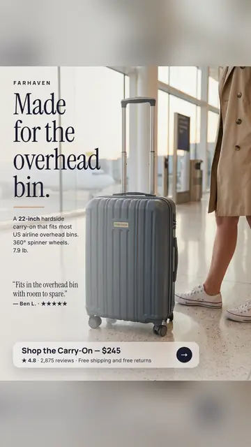 Light airport terminal photo, Farhaven ad: 'Made for the overhead bin.' with a slate gray hardside carry-on beside a person in a trench coat and white sneakers, a quote from Ben L. with five stars, and a 'Shop the Carry-On, $245' button. The 9:16 version.