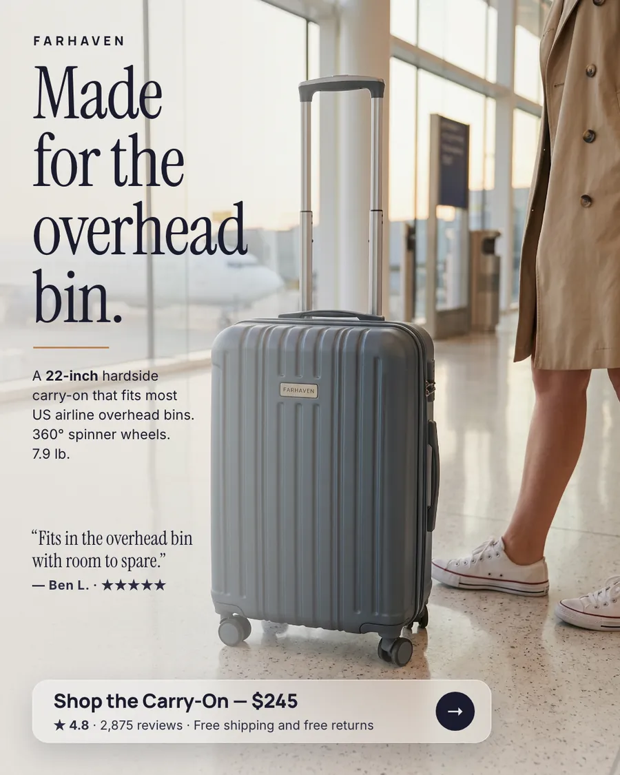 Light airport terminal photo, Farhaven ad: 'Made for the overhead bin.' with a slate gray hardside carry-on beside a person in a trench coat and white sneakers, a quote from Ben L. with five stars, and a 'Shop the Carry-On, $245' button.