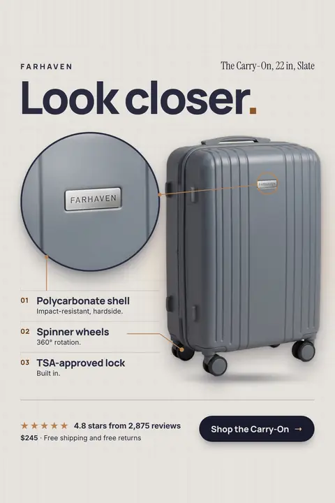 Light beige gridded Farhaven ad: 'Look closer.' with a gray hardside suitcase on the right and a circular zoom of its metal logo plate. Three features are listed, then 4.8 stars from 2,875 reviews, $245, and a 'Shop the Carry-On' button. Shown here in the 2:3 Pinterest size.