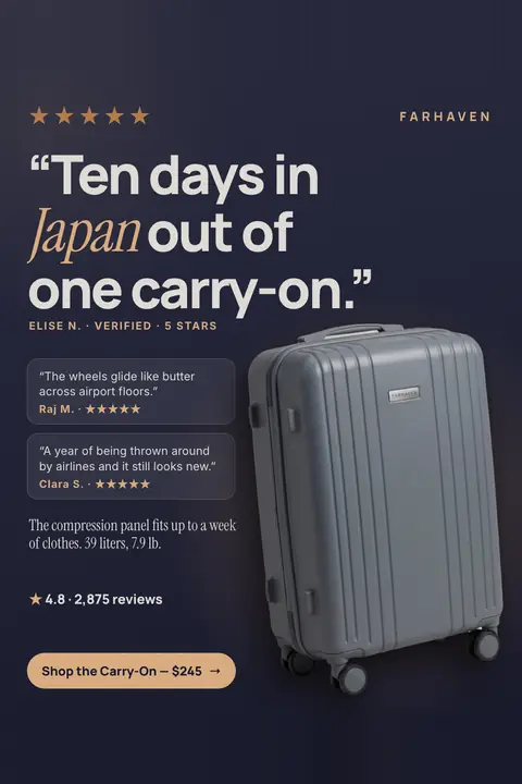 Dark navy Farhaven ad: 'Ten days in Japan out of one carry-on.' credited to Elise N. with five tan stars, a slate gray hard-shell suitcase, two short review cards from Raj M. and Clara S., 4.8 from 2,875 reviews and a Shop the Carry-On $245 button. Shown here in the 2:3 Pinterest size.
