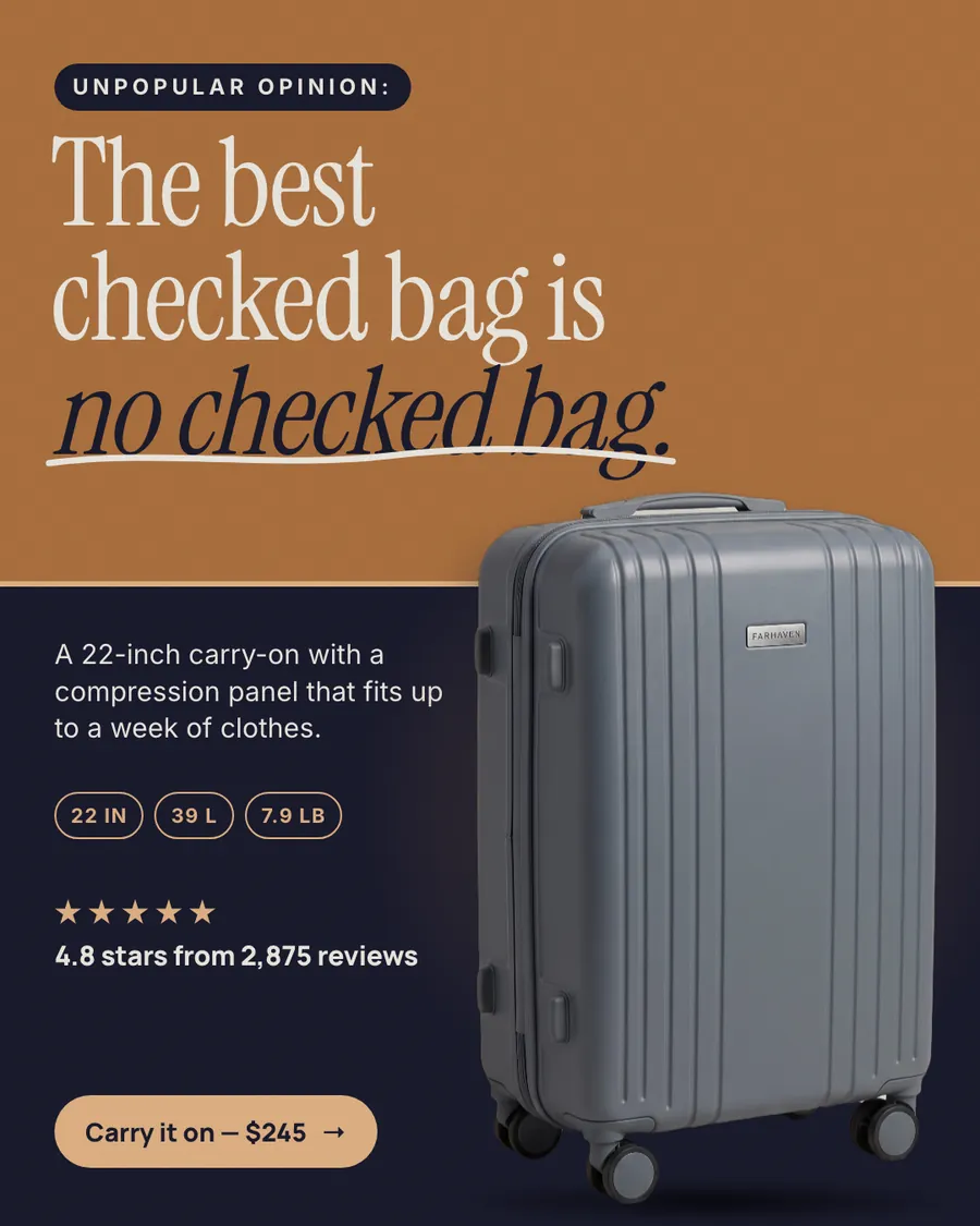Copper and navy Farhaven ad: 'The best checked bag is no checked bag.' under an 'Unpopular opinion:' tag, with a slate gray hard-shell carry-on, 22 IN, 39 L and 7.9 LB tags, 4.8 stars from 2,875 reviews and a 'Carry it on, $245' button.