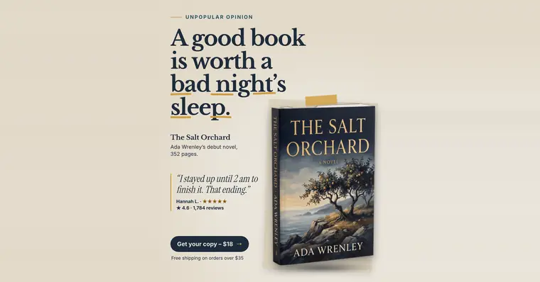 Cream Ferrow Press ad: 'A good book is worth a bad night's sleep.' with gold underlines under parts of the headline, a photo of The Salt Orchard paperback, a reader quote, 4.6 from 1,784 reviews and a 'Get your copy - $18' button. The 1.91:1 version.