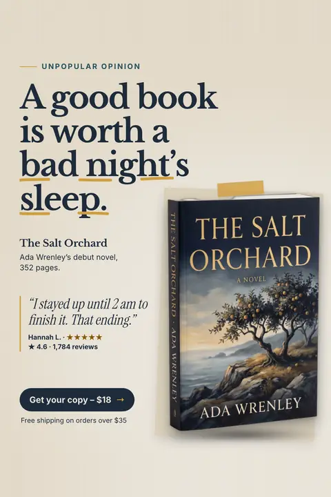 Cream Ferrow Press ad: 'A good book is worth a bad night's sleep.' with gold underlines under parts of the headline, a photo of The Salt Orchard paperback, a reader quote, 4.6 from 1,784 reviews and a 'Get your copy - $18' button. Shown here in the 2:3 Pinterest size.