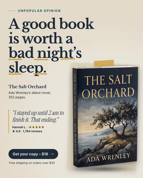Cream Ferrow Press ad: 'A good book is worth a bad night's sleep.' with gold underlines under parts of the headline, a photo of The Salt Orchard paperback, a reader quote, 4.6 from 1,784 reviews and a 'Get your copy - $18' button. The 4:5 version.