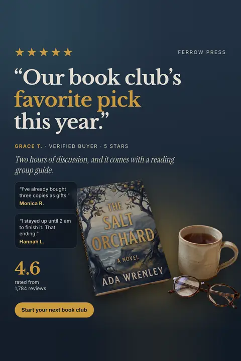 Dark navy Ferrow Press ad: '“Our book club’s favorite pick this year.”' with five gold stars, a Grace T. review, two short reader quotes, 4.6 rated from 1,784 reviews, a photo of The Salt Orchard with a mug and glasses, and a 'Start your next book club' button. Shown here in the 2:3 Pinterest size.