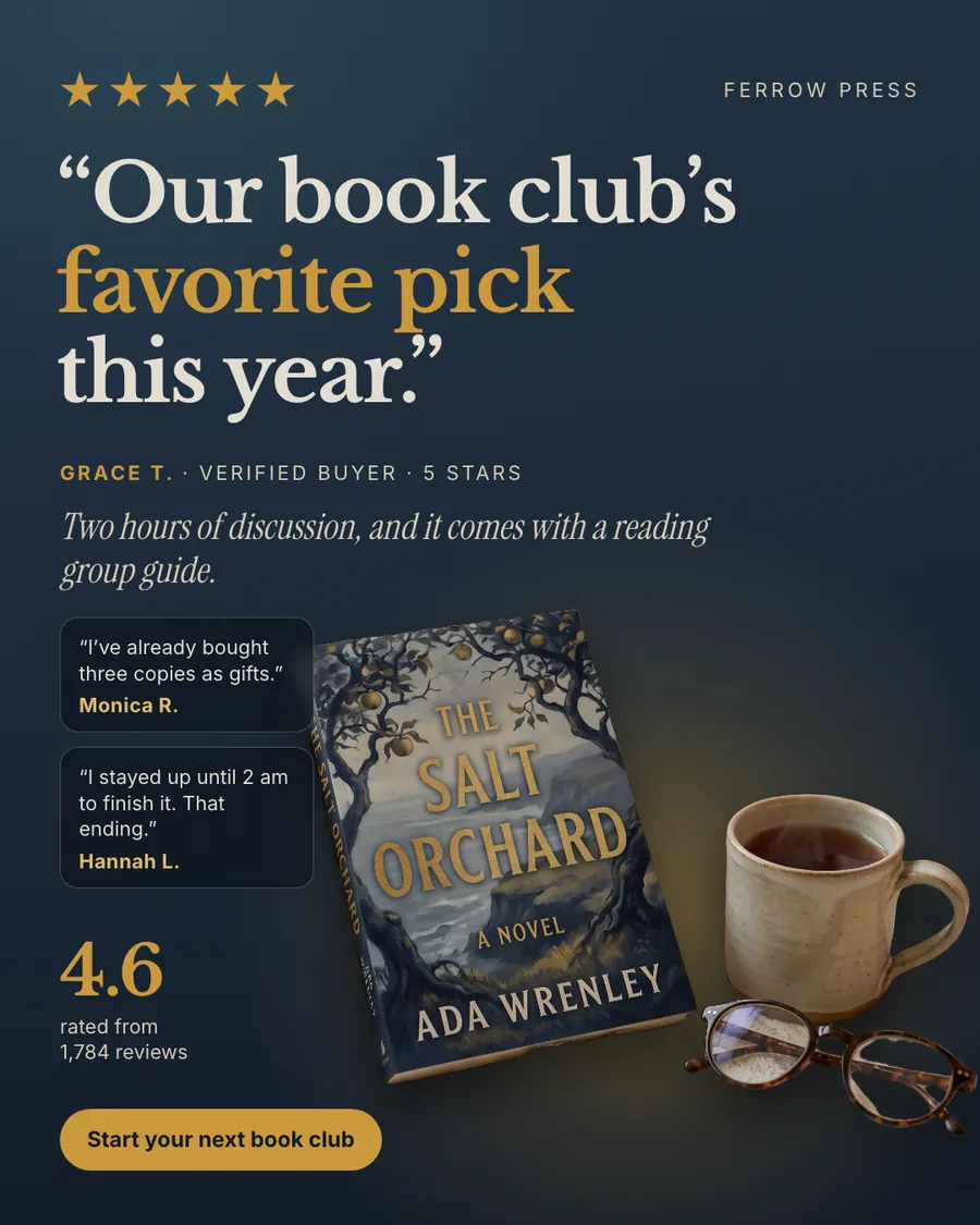 Dark navy Ferrow Press ad: '“Our book club’s favorite pick this year.”' with five gold stars, a Grace T. review, two short reader quotes, 4.6 rated from 1,784 reviews, a photo of The Salt Orchard with a mug and glasses, and a 'Start your next book club' button.