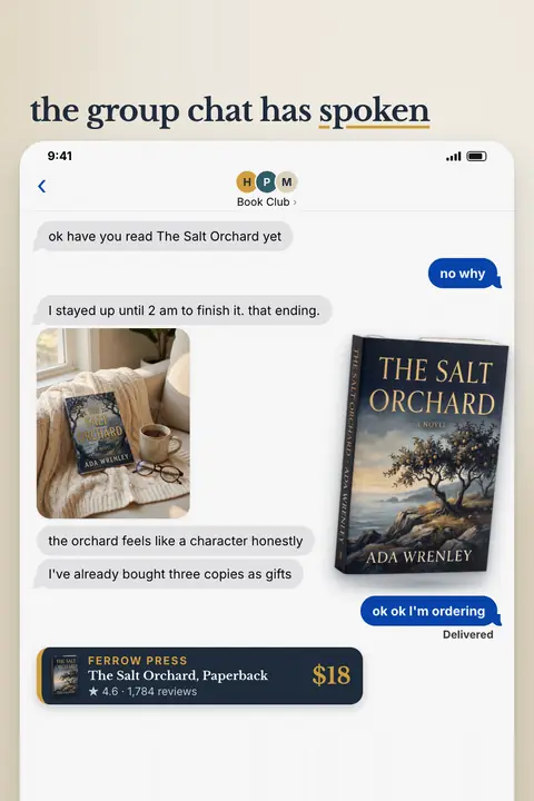 Cream background Ferrow Press ad: 'the group chat has spoken' above a phone screenshot of a Book Club chat. A friend says they stayed up until 2 am to finish The Salt Orchard and bought three copies as gifts. A book photo and an $18 paperback card, 4.6 from 1,784 reviews, are shown. Shown here in the 2:3 Pinterest size.