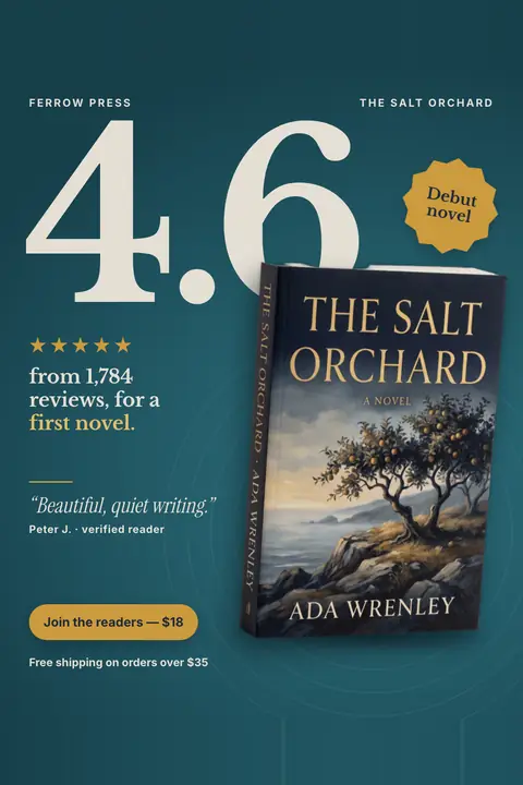 Deep teal Ferrow Press ad: '4.6' in huge cream numerals beside a gold 'Debut novel' badge, five gold stars, 'from 1,784 reviews, for a first novel.', a quote from Peter J., the paperback cover and an $18 'Join the readers' button. Shown here in the 2:3 Pinterest size.