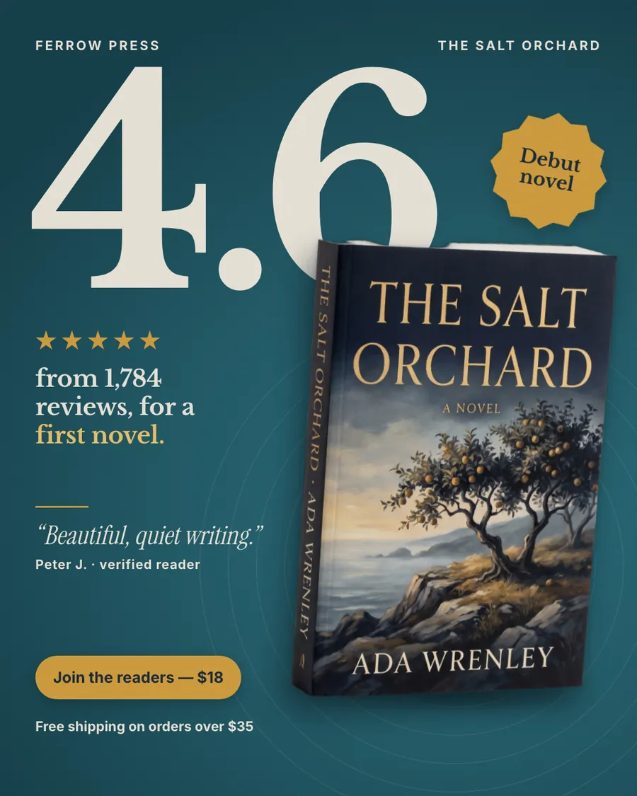 Deep teal Ferrow Press ad: '4.6' in huge cream numerals beside a gold 'Debut novel' badge, five gold stars, 'from 1,784 reviews, for a first novel.', a quote from Peter J., the paperback cover and an $18 'Join the readers' button.