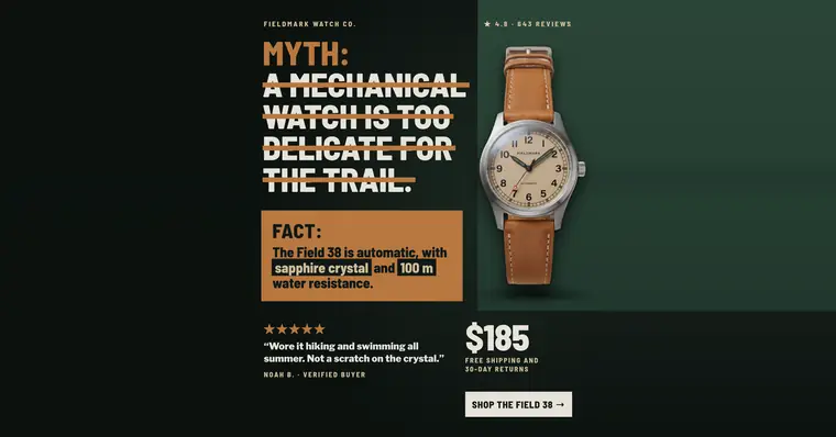 Dark green and black Fieldmark Watch Co. ad: 'MYTH: A MECHANICAL WATCH IS TOO DELICATE FOR THE TRAIL.' with the myth struck through, a tan-dial watch on a tan leather strap, an orange FACT box, a 5-star quote, $185 and a 'Shop the Field 38' button. The 1.91:1 version.