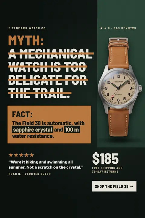 Dark green and black Fieldmark Watch Co. ad: 'MYTH: A MECHANICAL WATCH IS TOO DELICATE FOR THE TRAIL.' with the myth struck through, a tan-dial watch on a tan leather strap, an orange FACT box, a 5-star quote, $185 and a 'Shop the Field 38' button. Shown here in the 2:3 Pinterest size.