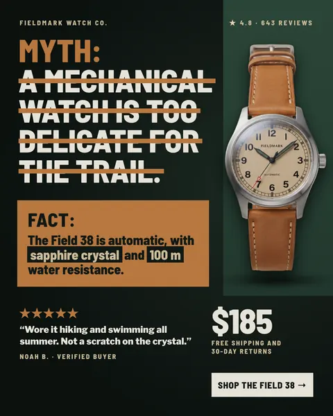 Dark green and black Fieldmark Watch Co. ad: 'MYTH: A MECHANICAL WATCH IS TOO DELICATE FOR THE TRAIL.' with the myth struck through, a tan-dial watch on a tan leather strap, an orange FACT box, a 5-star quote, $185 and a 'Shop the Field 38' button. The 4:5 version.