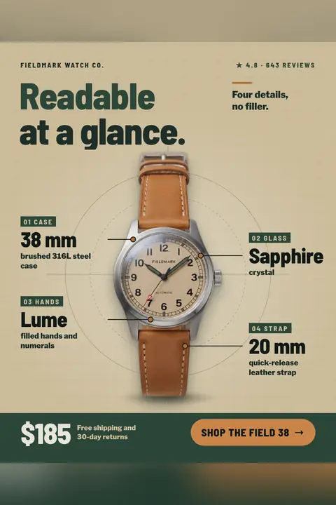 Tan graph-paper Fieldmark Watch Co. ad: 'Readable at a glance.' above a sand-dial watch on a tan leather strap, with four labeled callouts: 38 mm case, Sapphire crystal, Lume hands, 20 mm strap. $185 and a 'Shop the Field 38' button sit at the bottom. Shown here in the 2:3 Pinterest size.