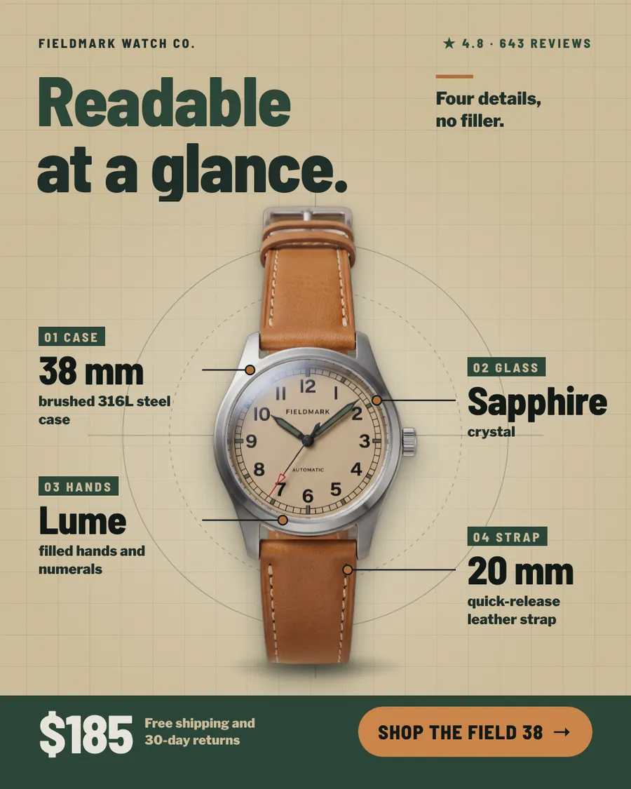 Tan graph-paper Fieldmark Watch Co. ad: 'Readable at a glance.' above a sand-dial watch on a tan leather strap, with four labeled callouts: 38 mm case, Sapphire crystal, Lume hands, 20 mm strap. $185 and a 'Shop the Field 38' button sit at the bottom.