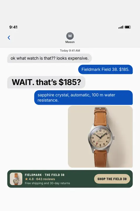Light gray text message screen, Fieldmark Watch Co. ad: 'WAIT. that's $185?' in a chat where Mason asks what watch it is. Replies give the Field 38 at $185 with sapphire, automatic, 100 m. Tan strap watch photo, green bar with 4.8, 643 reviews, 'Shop the Field 38' button. Shown here in the 2:3 Pinterest size.