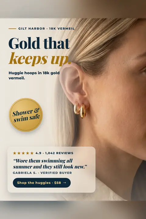 Soft cream Gilt Harbor ad: 'Gold that keeps up.' beside a close-up of a blonde woman's ear wearing two gold huggie hoops, a gold 'Shower & swim safe' seal, a 4.9 star review card with a quote, and a 'Shop the huggies · $58' button. Shown here in the 2:3 Pinterest size.