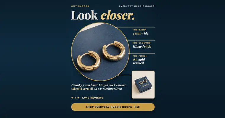 Dark navy Gilt Harbor ad: 'Look closer.' above a round close-up photo of two gold huggie hoops on blue paper, with callouts for a 3 mm wide band, hinged click closure and 18k gold vermeil, a gift box, 4.9 from 1,042 reviews and a $58 shop button. The 1.91:1 version.