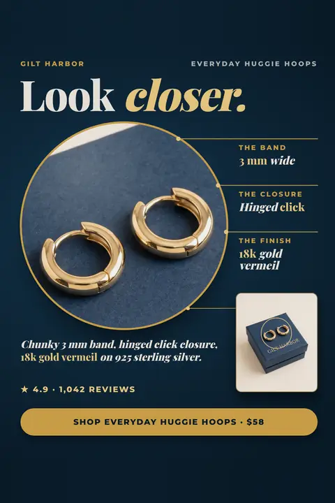 Dark navy Gilt Harbor ad: 'Look closer.' above a round close-up photo of two gold huggie hoops on blue paper, with callouts for a 3 mm wide band, hinged click closure and 18k gold vermeil, a gift box, 4.9 from 1,042 reviews and a $58 shop button. Shown here in the 2:3 Pinterest size.