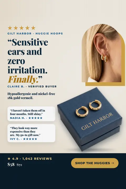 Cream Gilt Harbor ad: '“Sensitive ears and zero irritation. Finally.”' with a five-star Claire B. review, a photo of gold huggie hoops on an ear, a navy gift box, two more reviews, $58 was $72, 4.9 from 1,042 reviews and a 'Shop the huggies' button. Shown here in the 2:3 Pinterest size.
