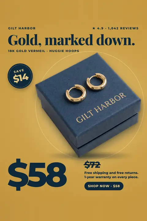 Mustard gold Gilt Harbor ad: 'Gold, marked down.' above a pair of gold huggie hoops on a navy Gilt Harbor box, with a round 'Save $14' sticker, a large $58, the old $72 crossed out, 4.9 from 1,042 reviews and a 'Shop now · $58' button. Shown here in the 2:3 Pinterest size.