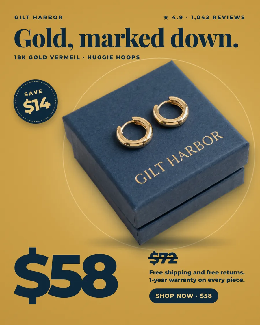 Mustard gold Gilt Harbor ad: 'Gold, marked down.' above a pair of gold huggie hoops on a navy Gilt Harbor box, with a round 'Save $14' sticker, a large $58, the old $72 crossed out, 4.9 from 1,042 reviews and a 'Shop now · $58' button.