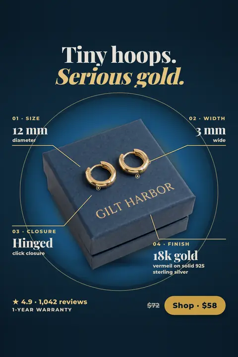 Dark navy Gilt Harbor ad: 'Tiny hoops. Serious gold.' with a photo of two small gold hoops on a navy Gilt Harbor box, four labeled specs (12 mm, 3 mm, hinged, 18k gold), 4.9 stars, $72 crossed out and a 'Shop · $58' button. Shown here in the 2:3 Pinterest size.