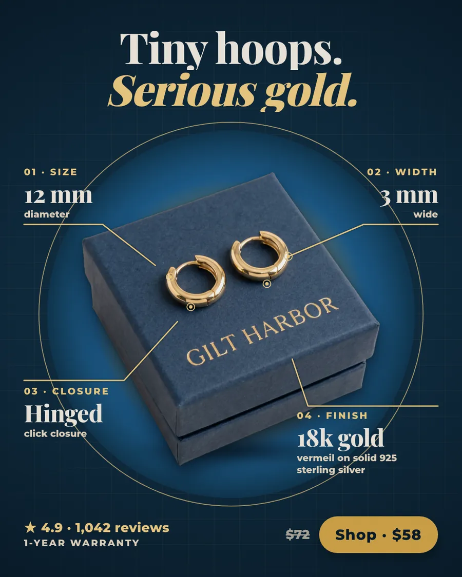 Dark navy Gilt Harbor ad: 'Tiny hoops. Serious gold.' with a photo of two small gold hoops on a navy Gilt Harbor box, four labeled specs (12 mm, 3 mm, hinged, 18k gold), 4.9 stars, $72 crossed out and a 'Shop · $58' button.