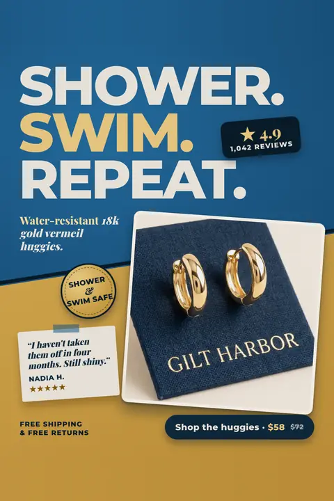 Blue and gold Gilt Harbor ad: 'Shower. Swim. Repeat.' with a 4.9 from 1,042 reviews badge, a photo of gold huggie earrings on a navy cloth, a Shower & Swim Safe seal, a customer quote, and a 'Shop the huggies · $58' button. Shown here in the 2:3 Pinterest size.