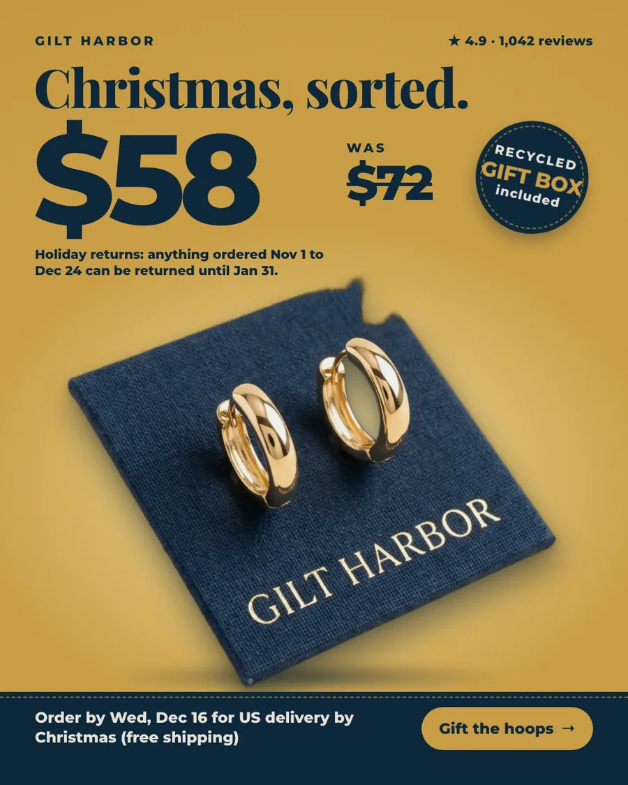 Mustard Gilt Harbor ad: 'Christmas, sorted.' over a huge navy '$58' with 'was $72' struck through, a round 'Recycled gift box included' badge, the line 'Holiday returns: anything ordered Nov 1 to Dec 24 can be returned until Jan 31', the hoops on a navy linen card, and a navy bar with the Dec 16 order-by date, free shipping and a 'Gift the hoops' button.