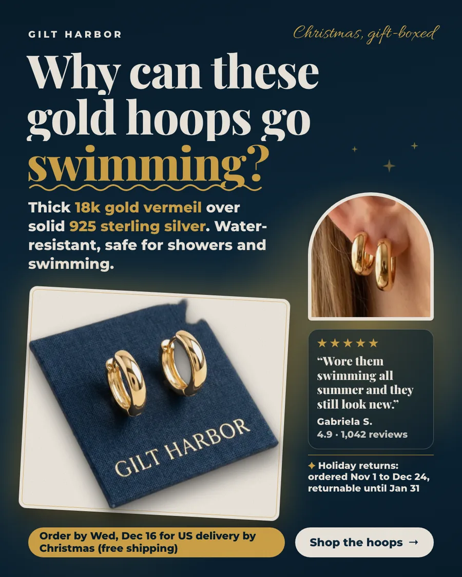 Navy Gilt Harbor ad with 'Christmas, gift-boxed' in gold script and the question 'Why can these gold hoops go swimming?', answered by 'Thick 18k gold vermeil over solid 925 sterling silver. Water-resistant, safe for showers and swimming.', the packshot, an arched worn photo, the review 'Wore them swimming all summer and they still look new.', 4.9 from 1,042 reviews, the holiday returns line, a gold Dec 16 order-by bar and 'Shop the hoops'.