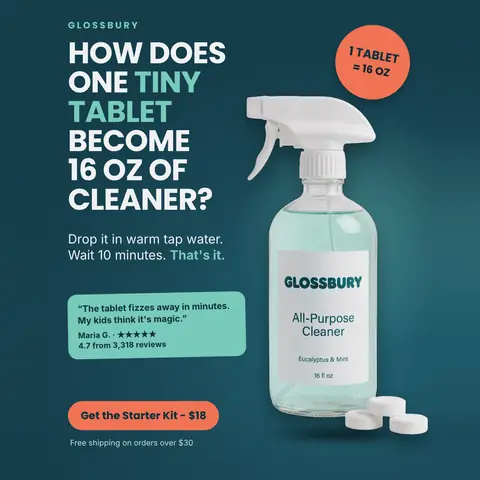 Dark teal Glossbury ad: 'How does one tiny tablet become 16 oz of cleaner?' beside a glass spray bottle of All-Purpose Cleaner with three white tablets, an orange '1 tablet = 16 oz' circle, a review quote and a 'Get the Starter Kit - $18' button. The 1:1 version.