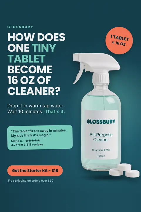 Dark teal Glossbury ad: 'How does one tiny tablet become 16 oz of cleaner?' beside a glass spray bottle of All-Purpose Cleaner with three white tablets, an orange '1 tablet = 16 oz' circle, a review quote and a 'Get the Starter Kit - $18' button. Shown here in the 2:3 Pinterest size.