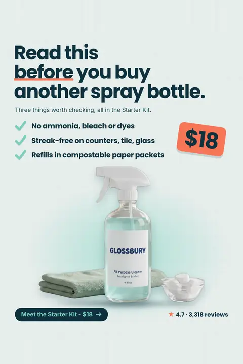 Pale mint grid-background Glossbury ad: 'Read this before you buy another spray bottle.' with a three-point checklist, a coral $18 tag, a photo of the glass spray bottle with a cloth and refill tablets, and a 'Meet the Starter Kit - $18' button. Shown here in the 2:3 Pinterest size.