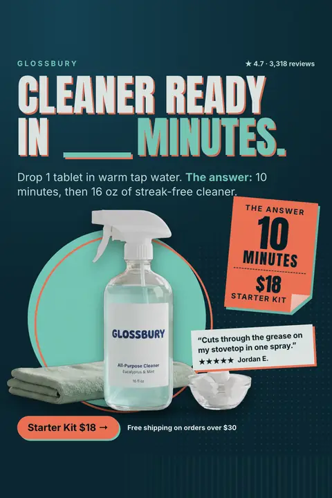 Dark teal Glossbury ad: 'Cleaner ready in ____ minutes.' with a blank in the headline, answered by an orange note reading 10 minutes, $18 starter kit. A spray bottle, cloth and bowl of tablets sit beside a quote and a 'Starter Kit $18' button. Shown here in the 2:3 Pinterest size.