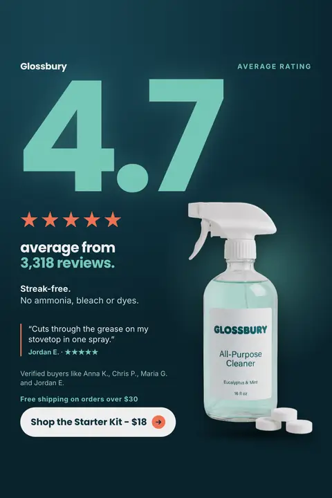 Dark teal Glossbury ad: '4.7' in huge mint numbers with five orange stars and 'average from 3,318 reviews.' A Jordan E. quote about stovetop grease sits beside a spray bottle of All-Purpose Cleaner with three tablets, and a 'Shop the Starter Kit - $18' button. Shown here in the 2:3 Pinterest size.