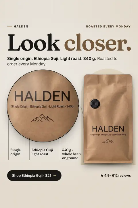 Cream Halden ad: 'Look closer.' with a magnified circle of a kraft coffee bag label reading HALDEN, Single Origin, Ethiopia Guji, Light Roast, 340g, beside the full bag, a 'Shop Ethiopia Guji · $21' button and 4.9 from 612 reviews. Shown here in the 2:3 Pinterest size.