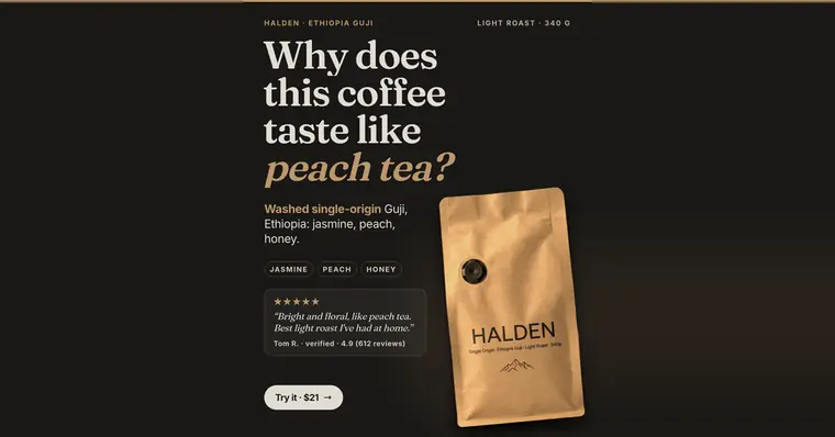 Dark brown Halden ad: 'Why does this coffee taste like peach tea?' with 'peach tea?' in tan italics, a kraft Halden coffee bag, jasmine, peach and honey tags, a 5-star quote from Tom R., and a 'Try it · $21' button. The 1.91:1 version.