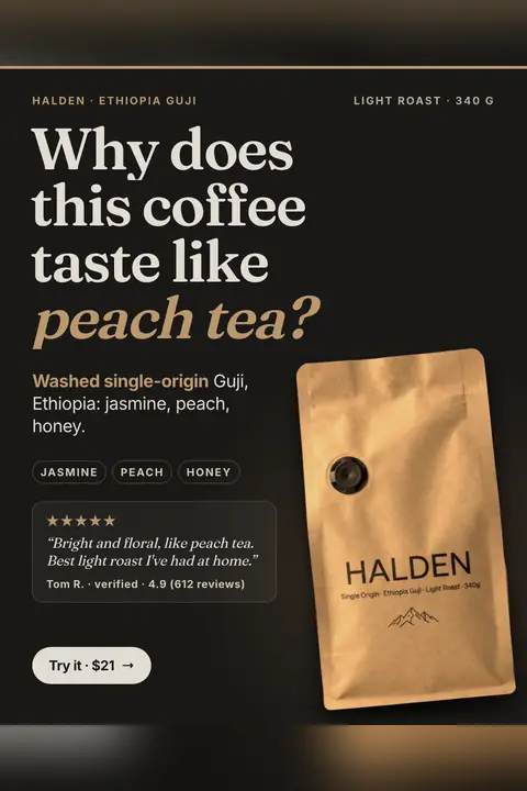 Dark brown Halden ad: 'Why does this coffee taste like peach tea?' with 'peach tea?' in tan italics, a kraft Halden coffee bag, jasmine, peach and honey tags, a 5-star quote from Tom R., and a 'Try it · $21' button. Shown here in the 2:3 Pinterest size.