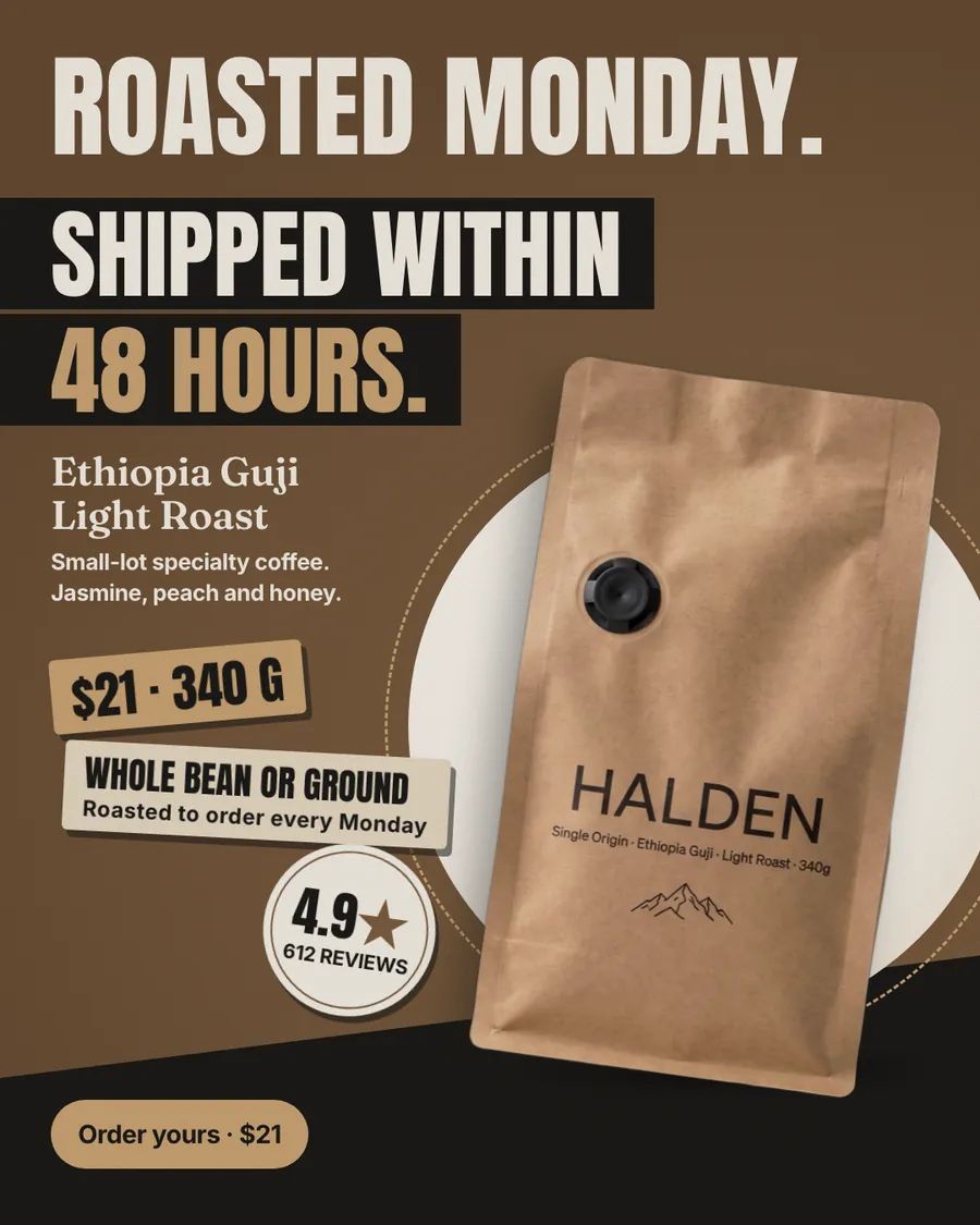 Brown Halden ad: 'Roasted Monday. Shipped within 48 hours.' beside a kraft Halden coffee bag on a cream circle, with Ethiopia Guji Light Roast, a $21 · 340 G tag, 4.9 stars from 612 reviews and an 'Order yours · $21' button.