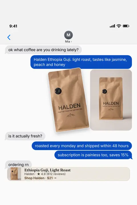 Light gray iMessage-style Halden ad: 'ok what coffee are you drinking lately?' A friend texts back about Ethiopia Guji, with two kraft bag photos, then 'roasted every monday and shipped within 48 hours', and a card: 4.9 from 612 reviews, 'Shop Halden · $21'. Shown here in the 2:3 Pinterest size.