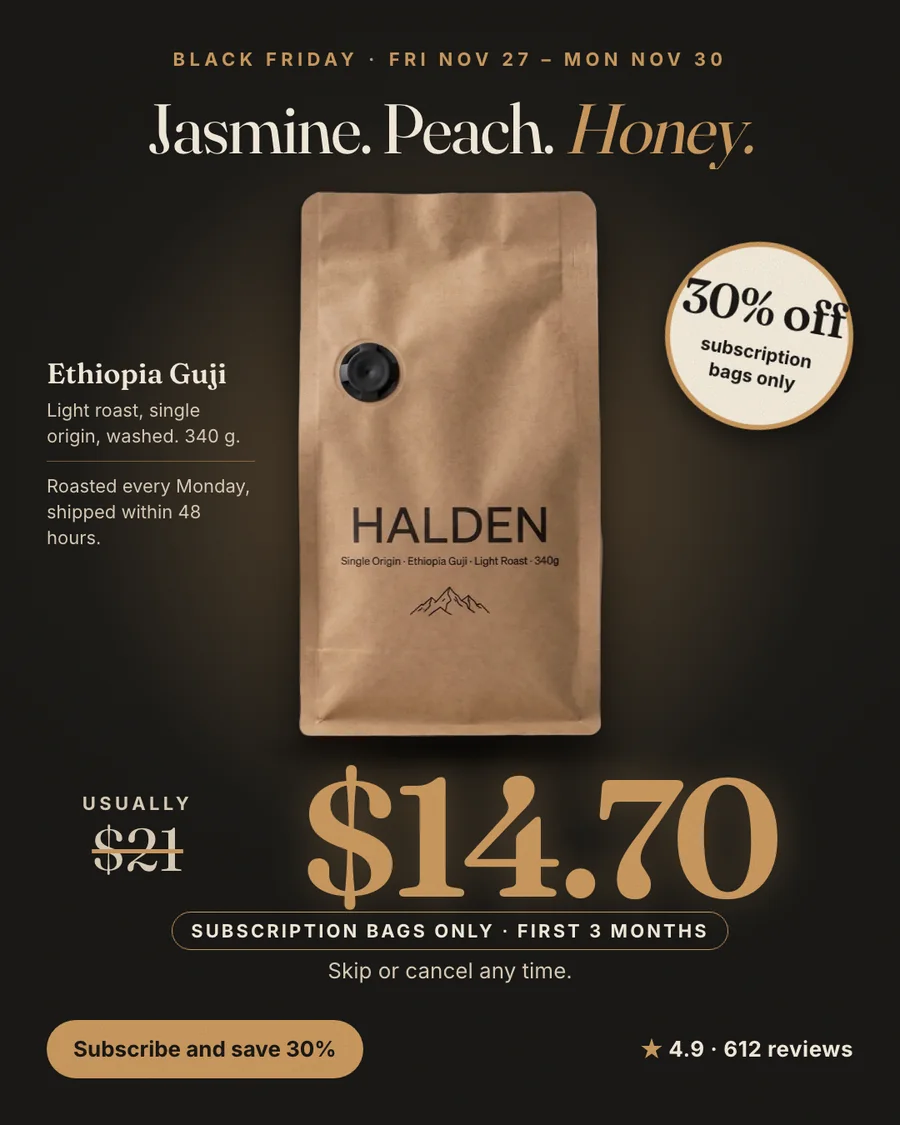 Dark Halden ad: 'Jasmine. Peach. Honey.' above the kraft bag, a '30% off, subscription bags only' sticker, the usual $21 crossed out next to $14.70, 'Subscription bags only, first 3 months' and 'Skip or cancel any time'.