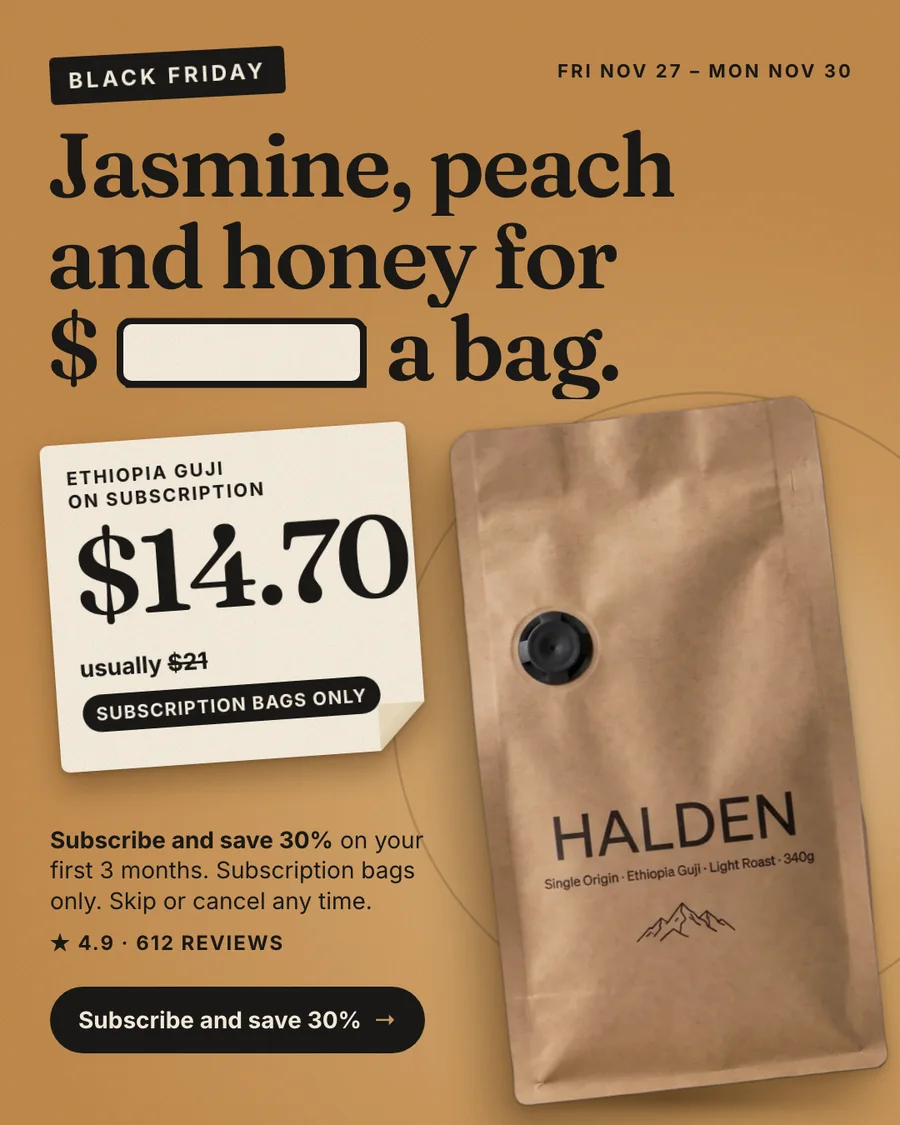 Tan Halden ad: 'Jasmine, peach and honey for $ ____ a bag.' with a blank in the headline, answered by a peeled sticker reading Ethiopia Guji on subscription, $14.70, usually $21, subscription bags only, and a 'Subscribe and save 30%' button.