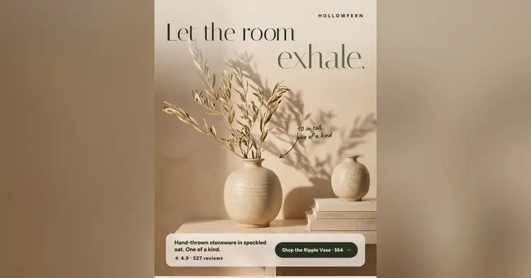 Warm beige Hollowfern ad: 'Let the room exhale.' above a speckled oat ceramic vase holding olive branches, with a smaller vase on stacked books. A note reads '10 in tall, one of a kind'. A card shows 4.9 from 527 reviews and a 'Shop the Ripple Vase · $64' button. The 1.91:1 version.