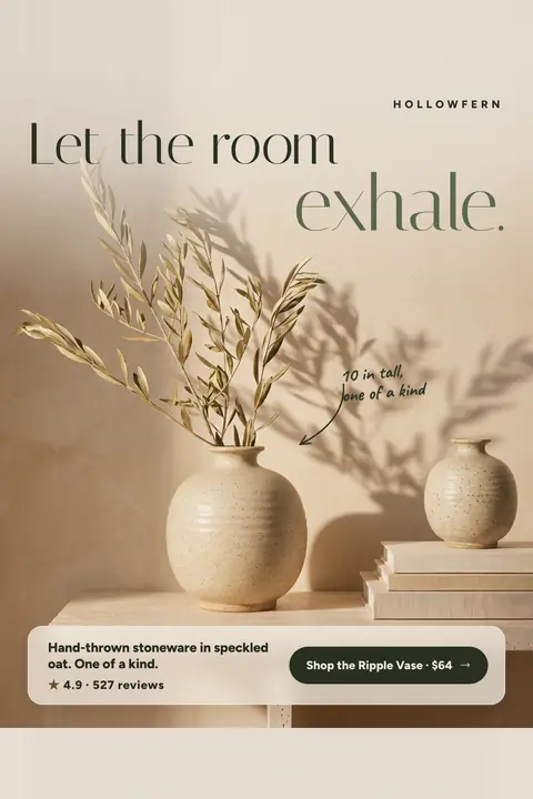 Warm beige Hollowfern ad: 'Let the room exhale.' above a speckled oat ceramic vase holding olive branches, with a smaller vase on stacked books. A note reads '10 in tall, one of a kind'. A card shows 4.9 from 527 reviews and a 'Shop the Ripple Vase · $64' button. Shown here in the 2:3 Pinterest size.