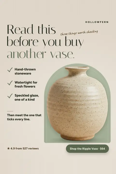 Warm beige Hollowfern ad: 'Read this before you buy another vase.' with a note reading 'three things worth checking', a checklist (hand-thrown stoneware, watertight, speckled glaze), a speckled oat vase on a green arch, 4.9 from 527 reviews and a 'Shop the Ripple Vase · $64' button. Shown here in the 2:3 Pinterest size.