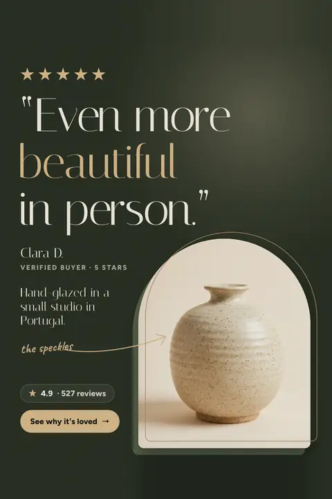 Dark green Hollowfern ad: '“Even more beautiful in person.”' under five gold stars, credited to Clara D., verified buyer. A speckled oat ceramic vase sits in an arched frame, with a 4.9 from 527 reviews pill and a 'See why it's loved' button. Shown here in the 2:3 Pinterest size.