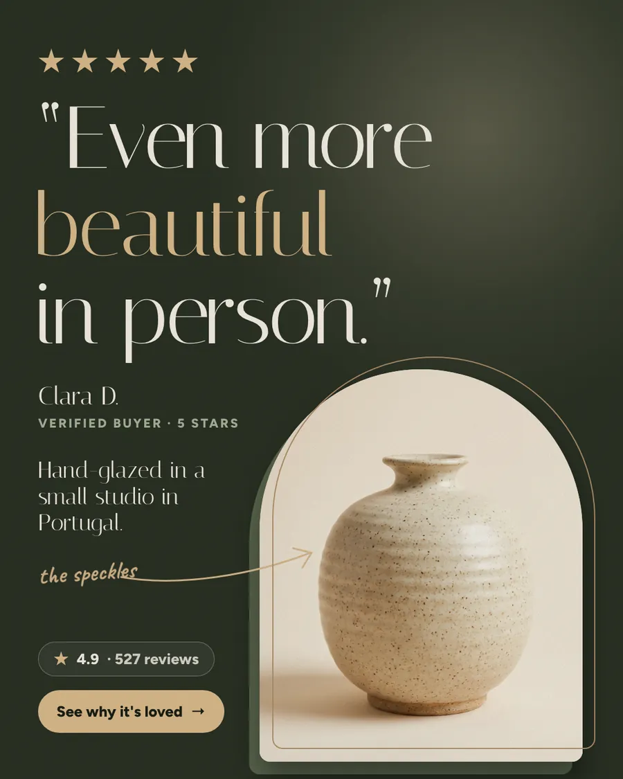 Dark green Hollowfern ad: '“Even more beautiful in person.”' under five gold stars, credited to Clara D., verified buyer. A speckled oat ceramic vase sits in an arched frame, with a 4.9 from 527 reviews pill and a 'See why it's loved' button.